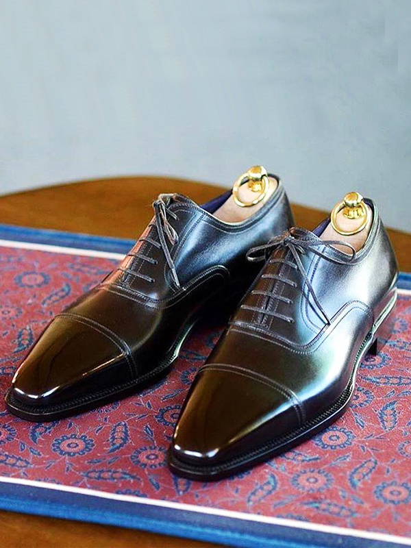 Handmade Black Whole-cut Cap Toe Oxfords by BespokeDailyShop.com with Free Worldwide Shipping