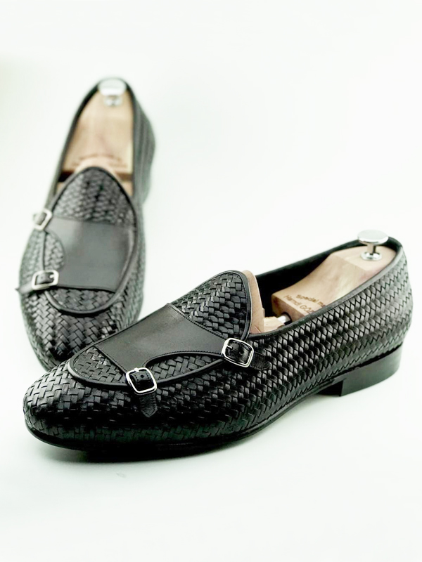 Handmade Black Woven Leather Monk Strap Loafers by BespokeDailyShop.com with Free Worldwide Shipping