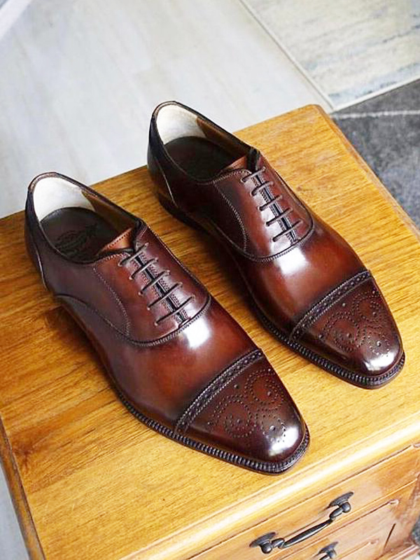 Handmade Brown Whole-cut Cap Toe Oxfords by BespokeDailyShop.com with Free Worldwide Shipping