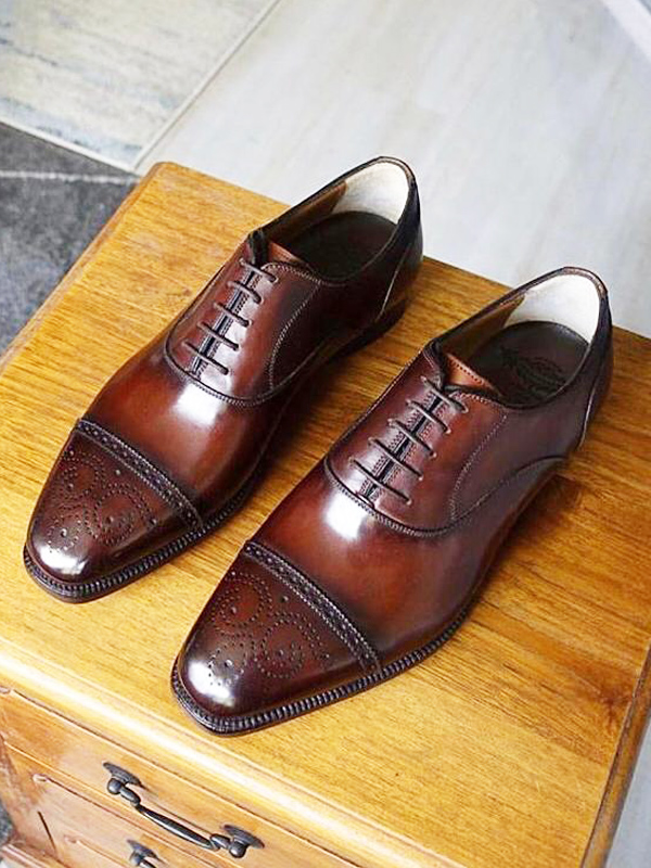 Handmade Brown Whole-cut Cap Toe Oxfords by BespokeDailyShop.com with Free Worldwide Shipping