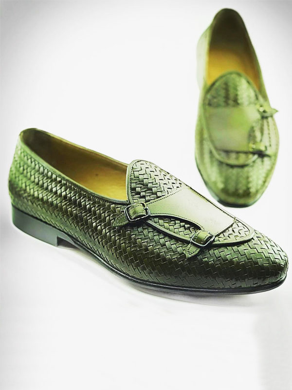 Handmade Green Woven Leather Monk Strap Loafers by BespokeDailyShop.com with Free Worldwide Shipping
