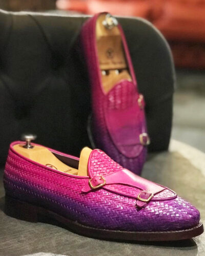Handmade Purple Woven Leather Monk Strap Loafers by BespokeDailyShop.com with Free Worldwide Shipping