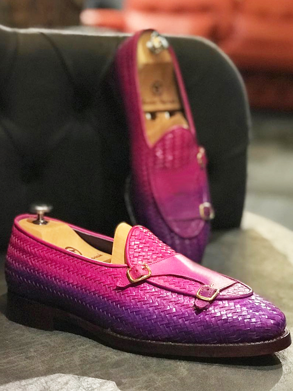 Handmade Purple Woven Leather Monk Strap Loafers by BespokeDailyShop.com with Free Worldwide Shipping