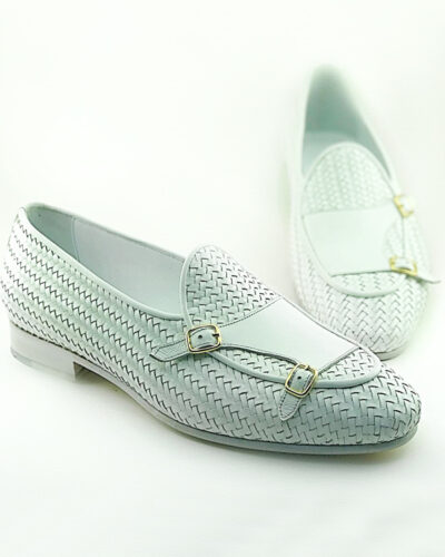 White Woven Leather Monk Strap Loafers by BespokeDailyShop.com with Free Worldwide Shipping