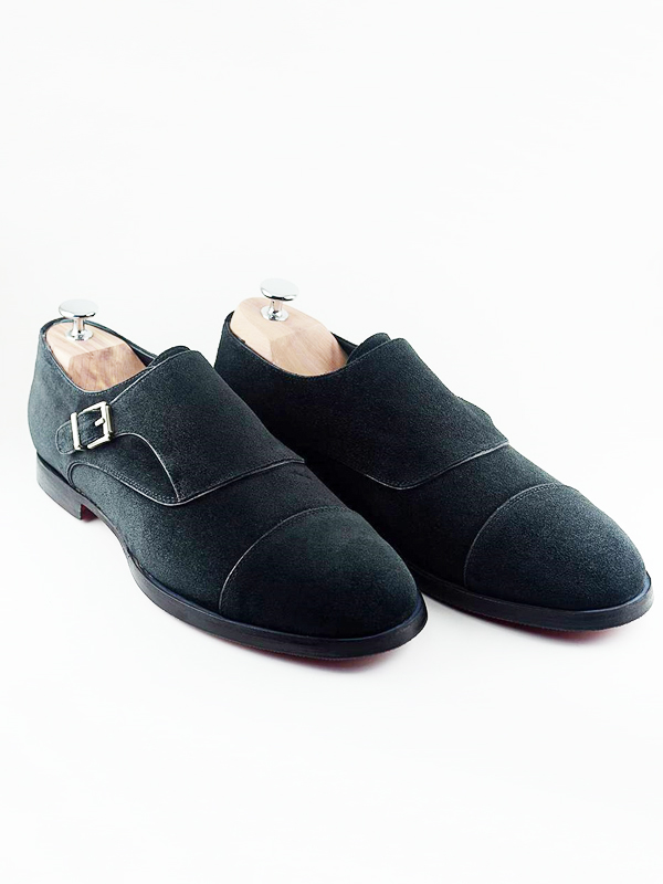 Handmade Black Suede Leather Cap Toe Single Monk Strap Shoes by BespokeDailyShop.com with Free Worldwide Shipping
