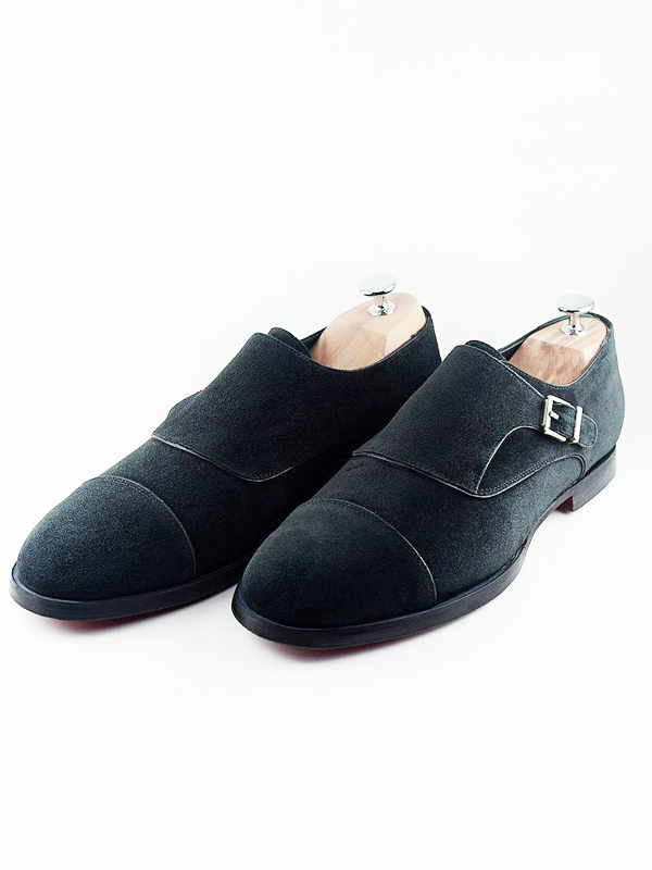Handmade Black Suede Leather Cap Toe Single Monk Strap Shoes by BespokeDailyShop.com with Free Worldwide Shipping