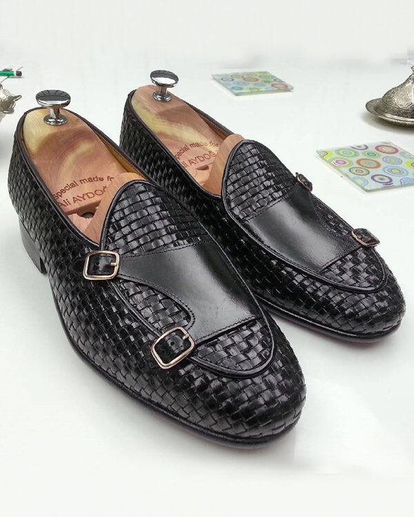 Buy Bespoke Handmade Blue Woven Leather Monk Strap Loafers