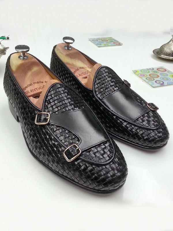Handmade Black Woven Leather Monk Strap Loafers by BespokeDailyShop.com with Free Worldwide Shipping