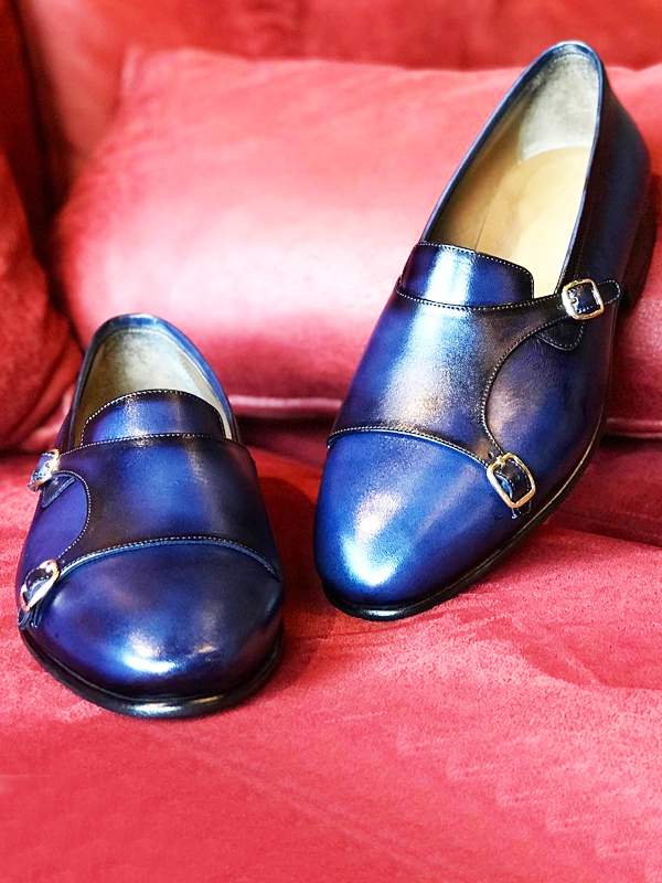 Handmade Blue Leather Double Monk Strap Loafers by BespokeDailyShop.com with Free Worldwide Shipping