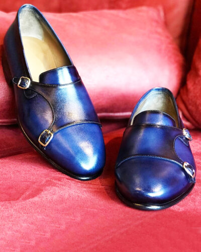 Handmade Blue Leather Double Monk Strap Loafers by BespokeDailyShop.com with Free Worldwide Shipping