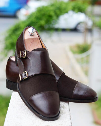 Handmade Brown Leather Cap Toe Monk Strap Shoes by BespokeDailyShop.com with Free Worldwide Shipping