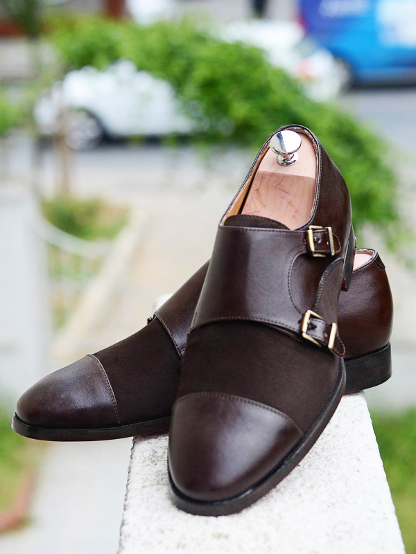 Handmade Brown Leather Cap Toe Monk Strap Shoes by BespokeDailyShop.com with Free Worldwide Shipping