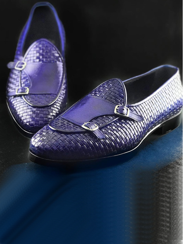 Handmade Indigo Woven Leather Monk Strap Loafers by BespokeDailyShop.com with Free Worldwide Shipping