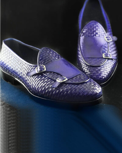 Handmade Indigo Woven Leather Monk Strap Loafers by BespokeDailyShop.com with Free Worldwide Shipping
