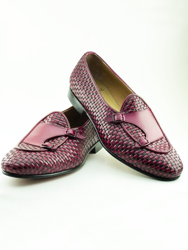 Handmade Magenta Woven Leather Monk Strap Loafers by BespokeDailyShop.com with Free Worldwide Shipping