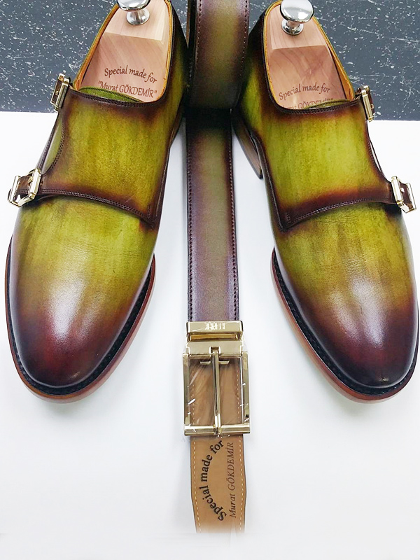 Handmade Olive Green Leather Monk Strap Shoes by BespokeDailyShop.com with Free Worldwide Shipping