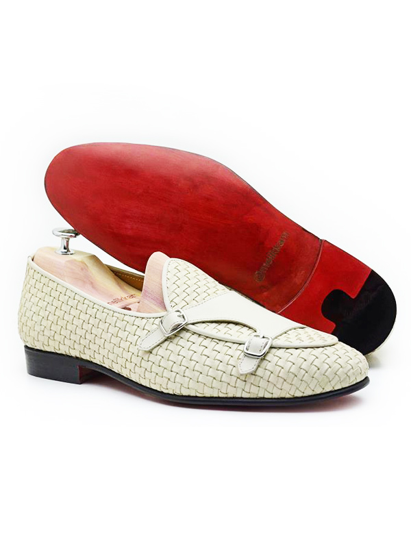 Handmade White Woven Leather Monk Strap Loafers by BespokeDailyShop.com with Free Worldwide Shipping