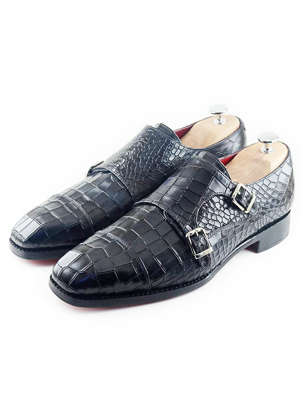 Handmade Black Crocodile Embossed Leather Monk Strap Shoes by BespokeDailyShop.com with Free Worldwide Shipping