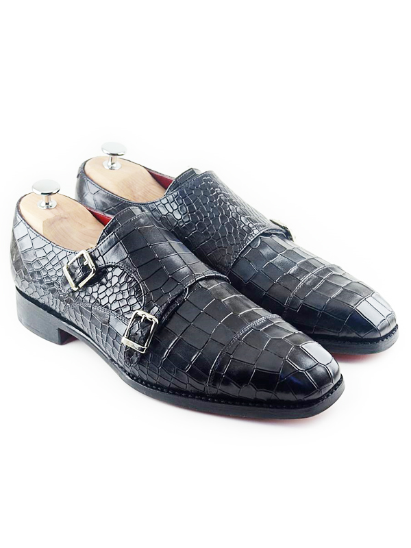 Handmade Black Crocodile Embossed Leather Monk Strap Shoes by BespokeDailyShop.com with Free Worldwide Shipping