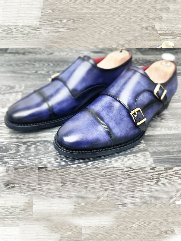 Handmade Blue Leather Cap Toe Monk Strap Shoes by BespokeDailyShop.com with Free Worldwide Shipping