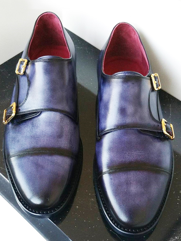 Handmade Blue Leather Cap Toe Monk Strap Shoes by BespokeDailyShop.com with Free Worldwide Shipping