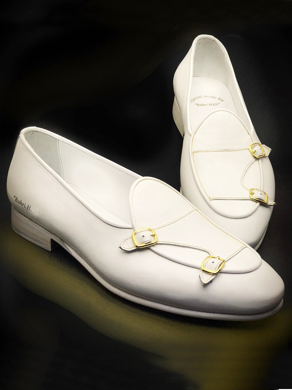 Handmade White Leather Monk Strap Loafers by BespokeDailyShop.com with Free Worldwide Shipping