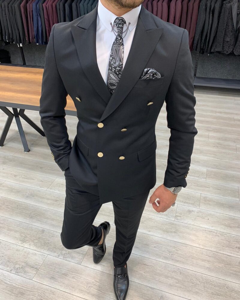 Black Slim Fit Double Breasted Suit by BespokeDailyShop.com with Free Worldwide Shipping