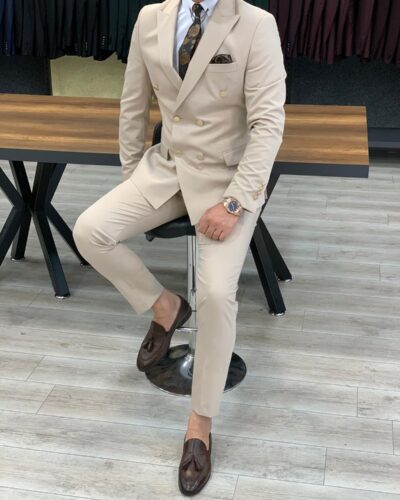 Buy Cream Slim Fit Double Breasted Suit by BespokeDailyShop