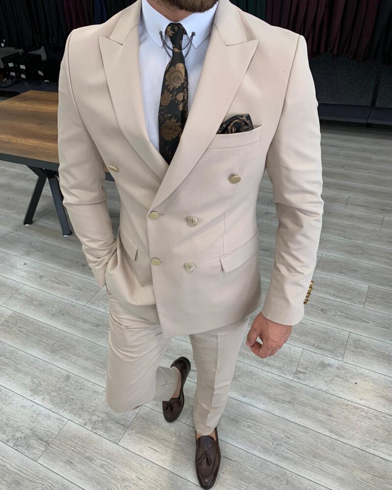 Cream Slim Fit Double Breasted Suit by BespokeDailyShop.com with Free Worldwide Shipping