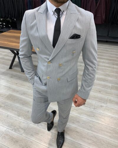 Gray Slim Fit Double Breasted Suit by BespokeDailyShop.com with Free Worldwide Shipping