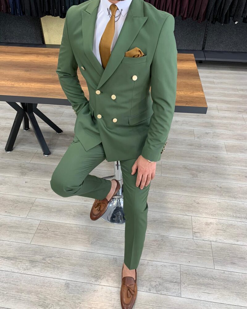 Green Slim Fit Double Breasted Suit by BespokeDailyShop.com with Free Worldwide Shipping
