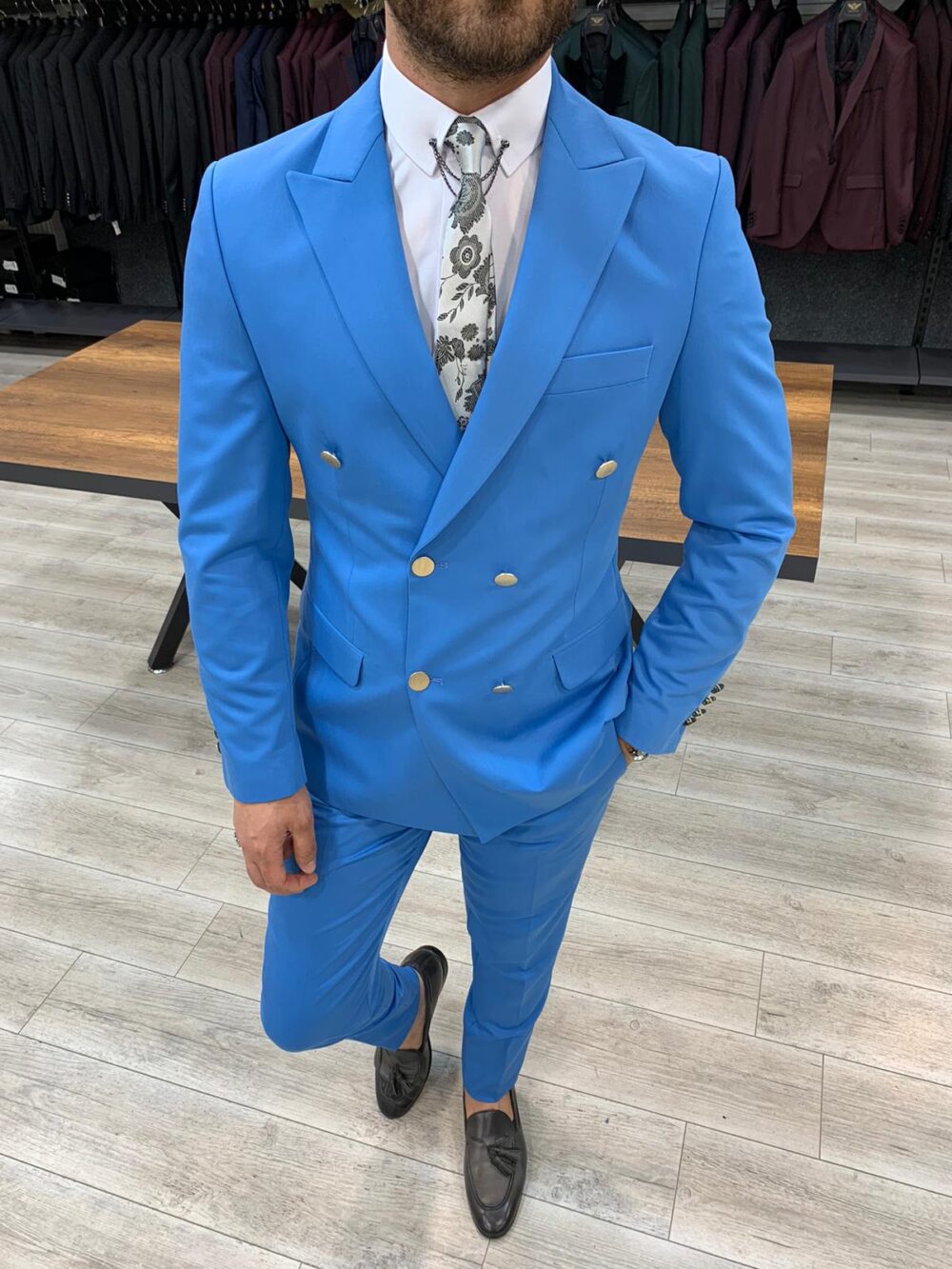 Buy Turquoise Slim Fit Double Breasted Suit by BespokeDailyShop
