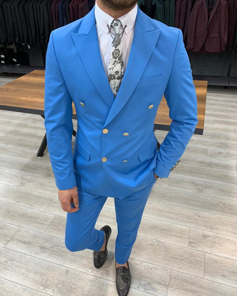 Turquoise Slim Fit Double Breasted Suit by BespokeDailyShop.com with Free Worldwide Shipping