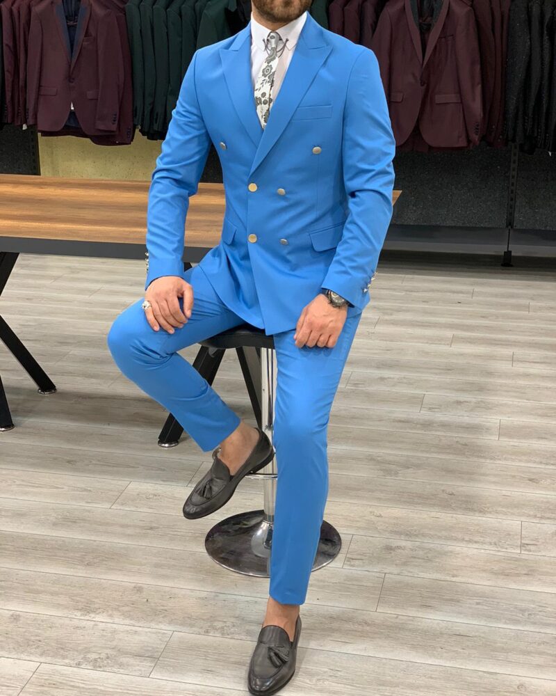 Turquoise Slim Fit Double Breasted Suit by BespokeDailyShop.com with Free Worldwide Shipping