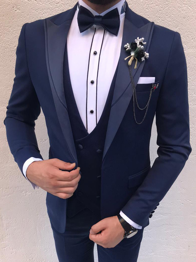 Buy Navy Blue Slim Fit Peak Lapel Tuxedo by BespokeDailyShop