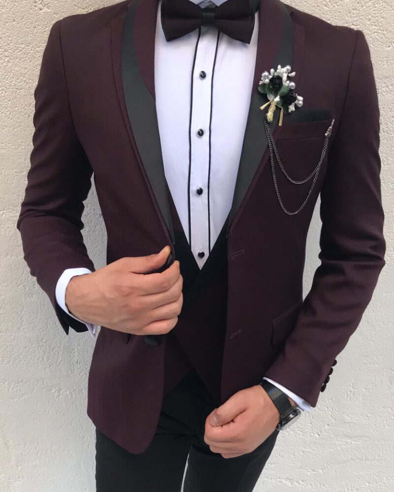 Claret Red Slim Fit Peak Lapel Tuxedo by BespokeDailyShop.com with Free Worldwide Shipping