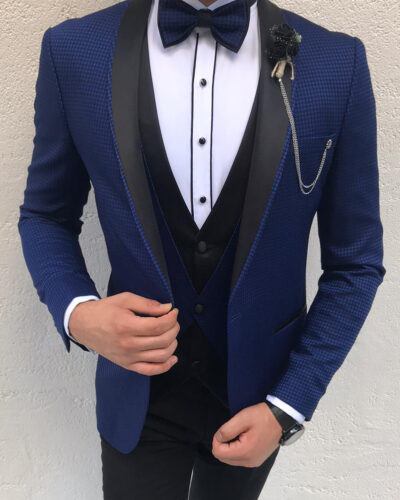 Buy Navy Blue Slim Fit Shawl Lapel Tuxedo by BespokeDailyShop