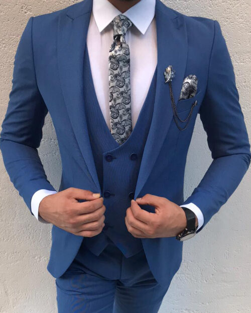 Buy Dark Blue Slim Fit Peak Lapel Tuxedo by BespokeDailyShop