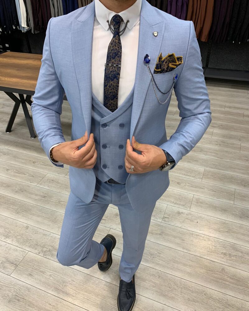 Sky Blue Slim Fit Wool Suit by BespokeDailyShop.com with Free Worldwide Shipping