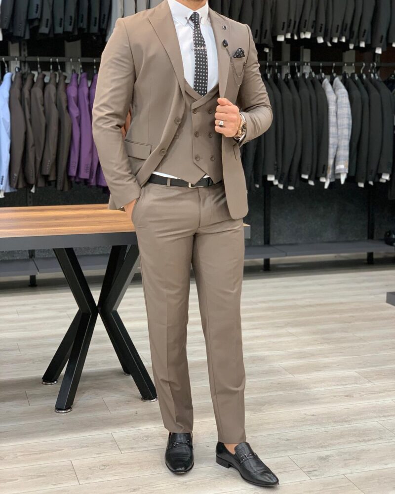 Brown Slim Fit Wool Suit by BespokeDailyShop.com with Free Worldwide Shipping