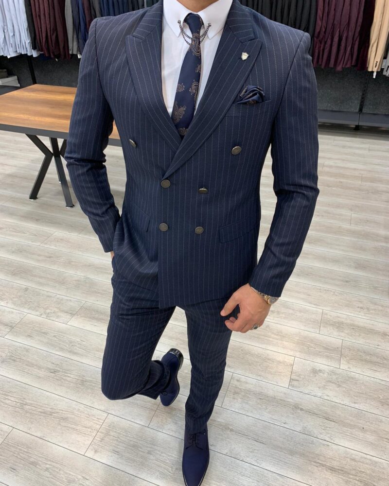 Navy Blue Slim Fit Double Breasted Pinstripe Suit by BespokeDailyShop.com with Free Worldwide Shipping