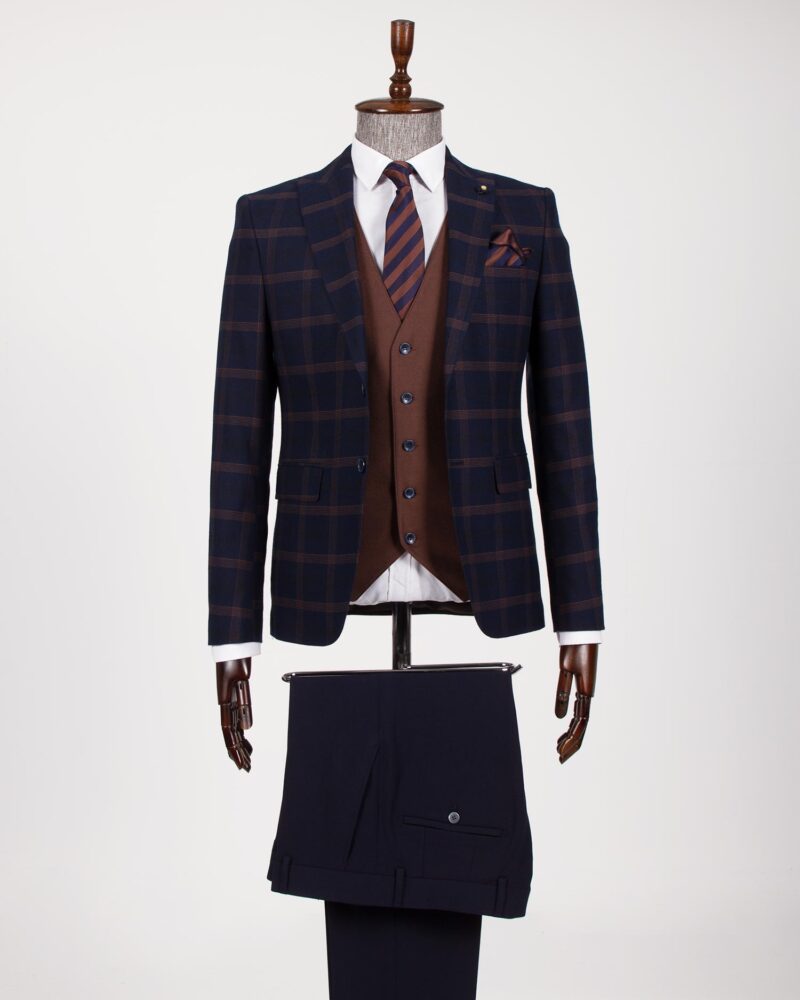 Navy Blue Slim Fit Plaid Suit by BespokeDailyShop.com with Free Worldwide Shipping