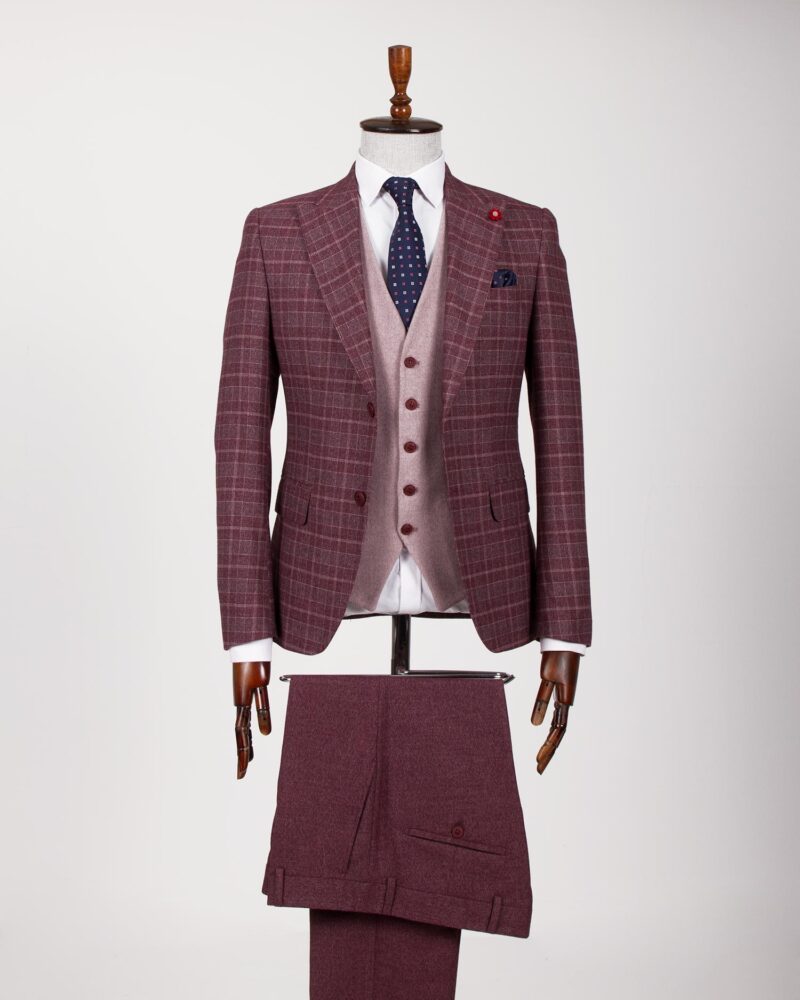 Burgundy Slim Fit Plaid Suit by BespokeDailyShop.com with Free Worldwide Shipping