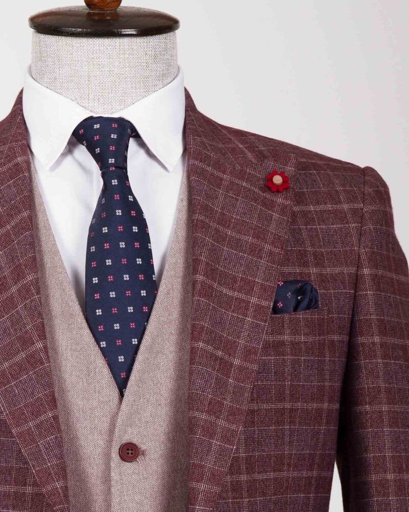 Burgundy Slim Fit Plaid Suit by BespokeDailyShop.com with Free Worldwide Shipping