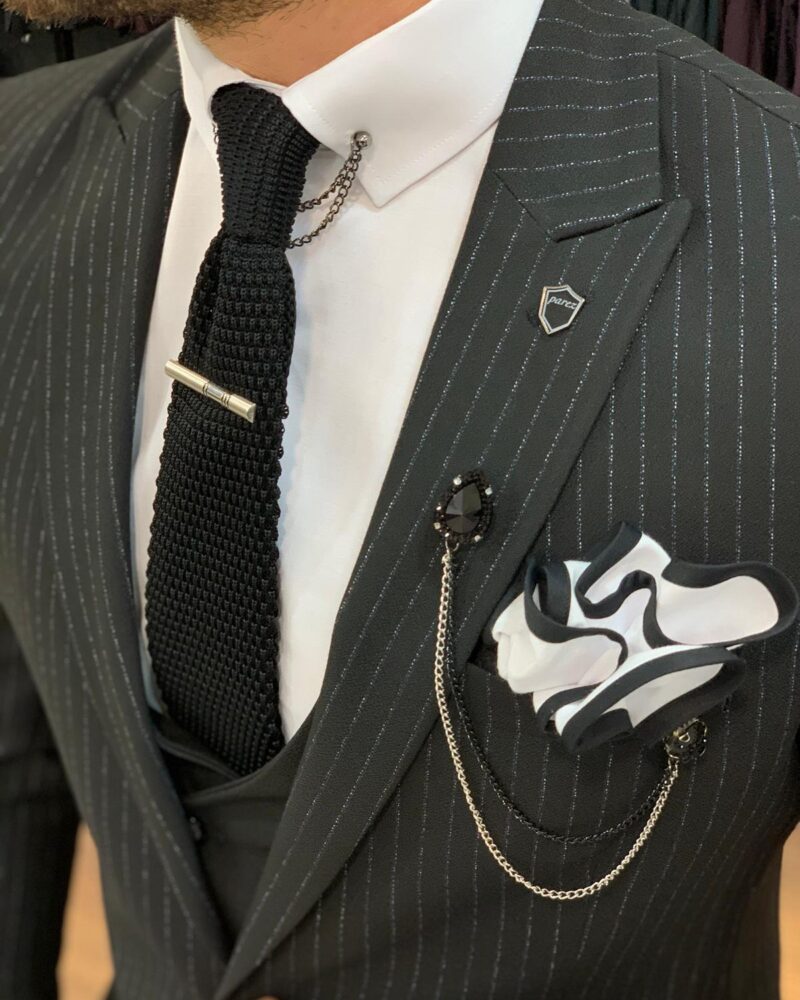 Black Slim Fit Pinstripe Suit by BespokeDailyShop.com with Free Worldwide Shipping