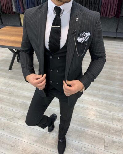 Buy Black Slim Fit Pinstripe Suit by BespokeDailyShop | Free Shipping