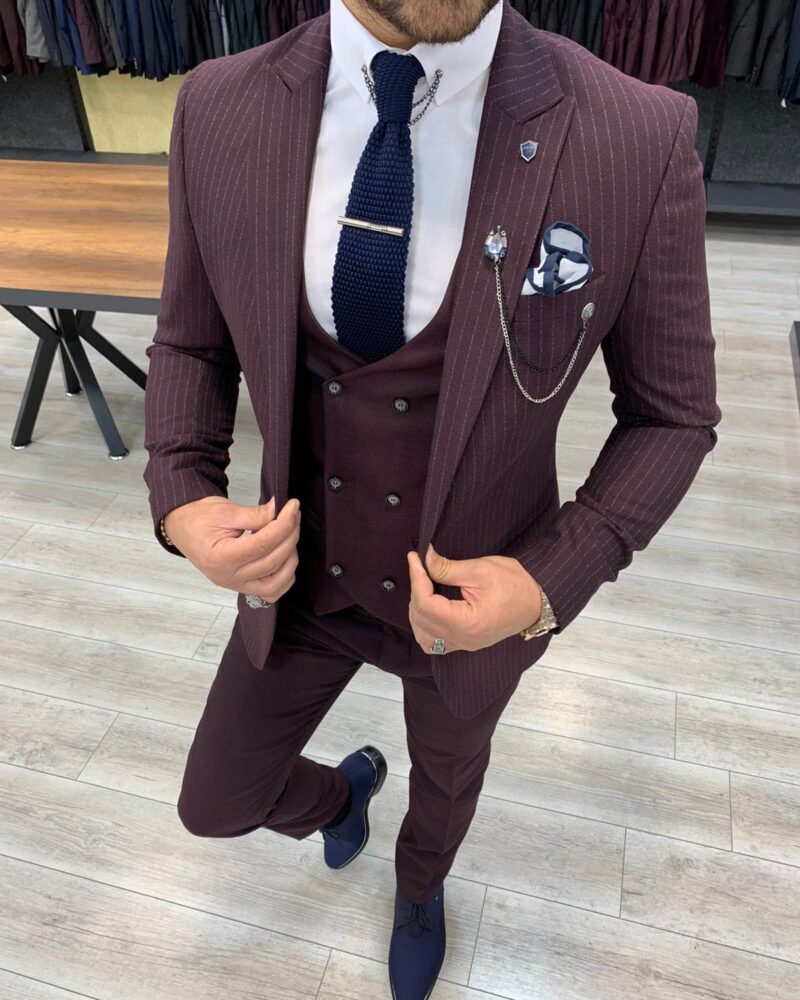 Burgundy Slim Fit Pinstripe Suit by BespokeDailyShop.com with Free Worldwide Shipping