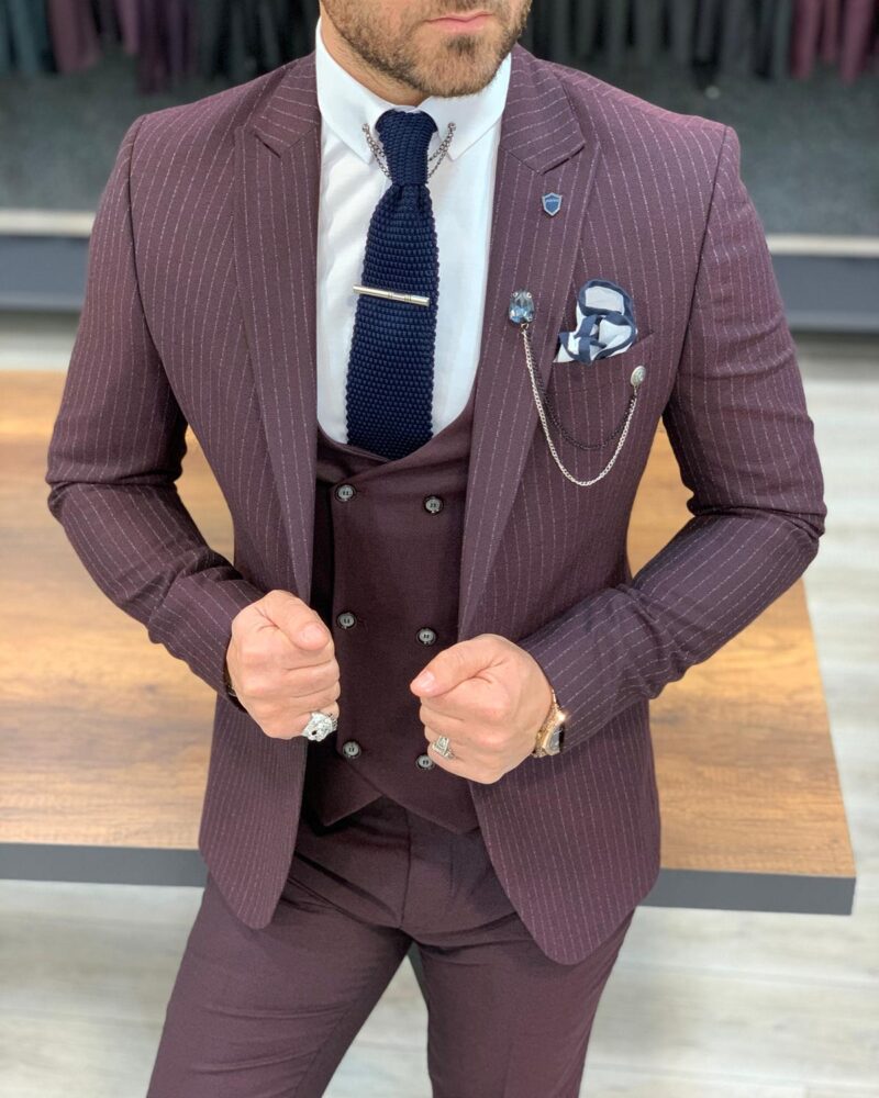 Burgundy Slim Fit Pinstripe Suit by BespokeDailyShop.com with Free Worldwide Shipping
