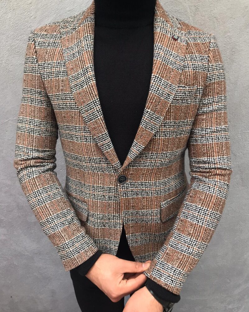 Brown Slim Fit Plaid Wool Blazer by BespokeDailyShop.com with Free Worldwide Shipping