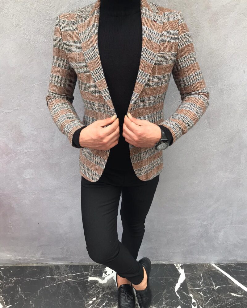 Brown Slim Fit Plaid Wool Blazer by BespokeDailyShop.com with Free Worldwide Shipping